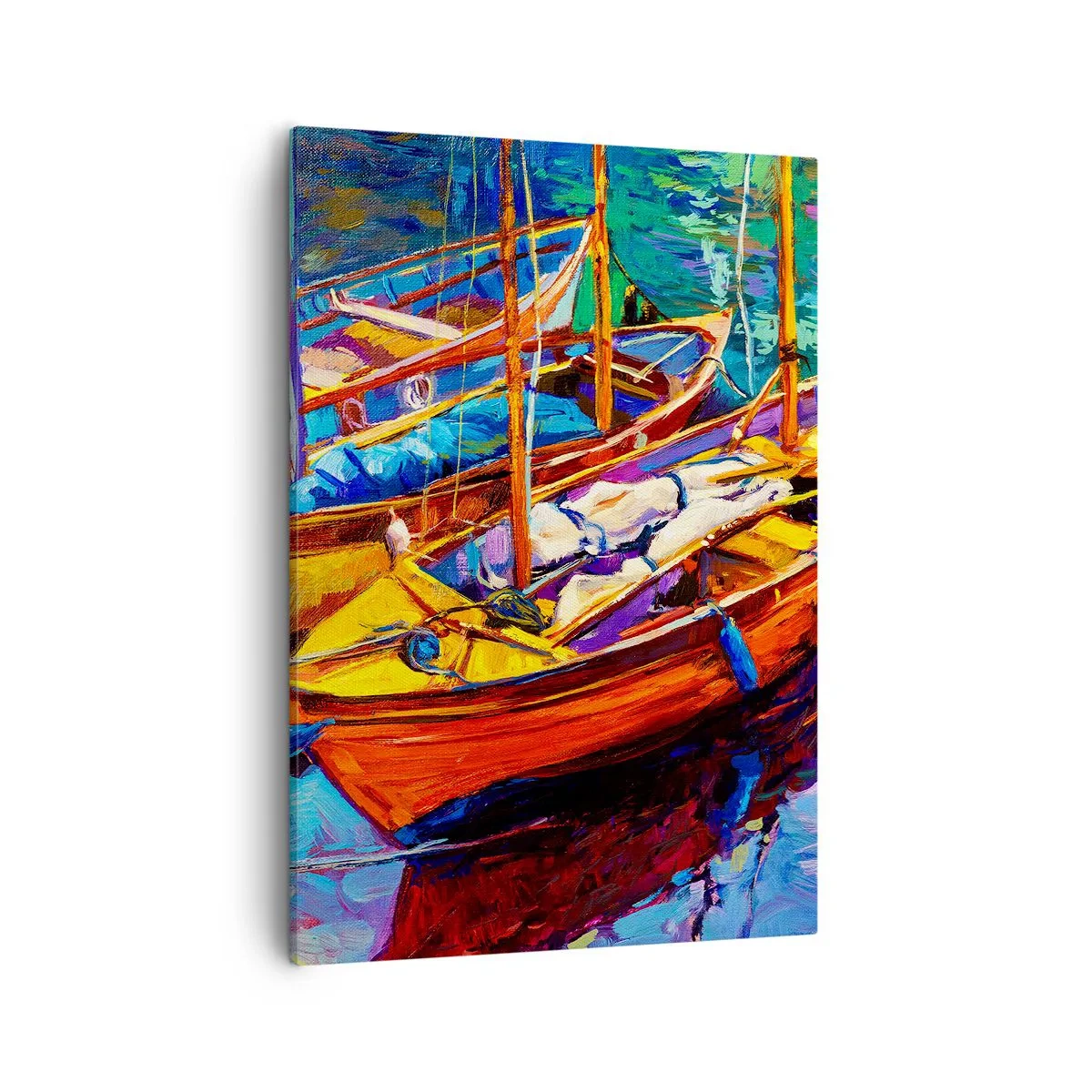 Bild auf Leinwand - Leinwandbild - Bunte Boote auf ruhigem Wasser - 50x70cm - Auf Wasser dick mit Farben - Moderne Wanddekoration für Wohnzimmer und Schlafzimmer ARTTOR