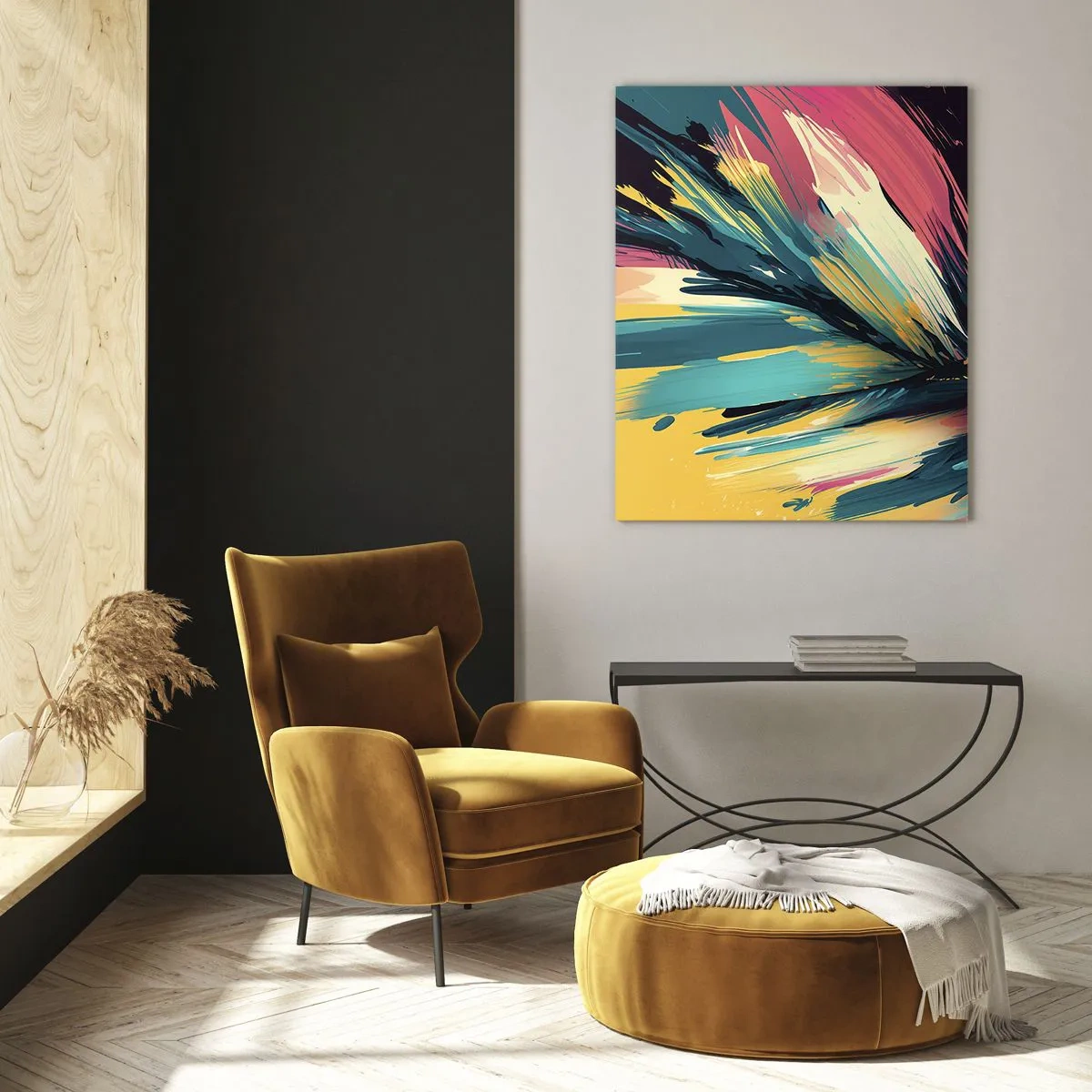 Glasbild - Bild auf glas - Dynamische Pinselstriche in leuchtenden Farben - 50x70cm - Komposition – eine Explosion der Freude - Moderne Wanddekoration für Wohnzimmer und Schlafzimmer ARTTOR