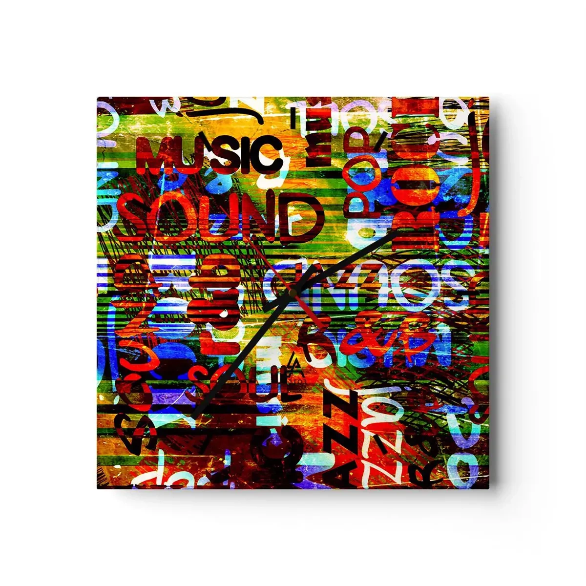 Wanduhr - Glasuhr - Bunte Abstraktion mit Musikinschriften im Pop-Art-Stil - 30x30cm - Alle Farben des Klangs - Moderne Wanddekoration für Wohnzimmer und Schlafzimmer ARTTOR