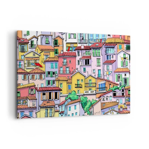 Bild auf Leinwand - Leinwandbild - Bunte Mietshäuser im lebendigen, fröhlichen Stil - 120x80cm - Lustige Stadt - Moderne Wanddekoration für Wohnzimmer und Schlafzimmer ARTTOR