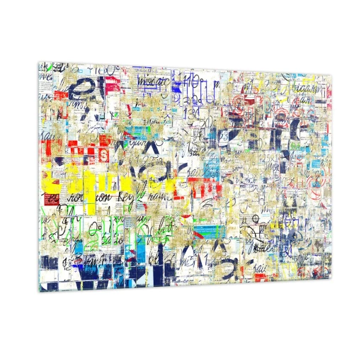 Glasbild - Bild auf glas - Eine abstrakte Komposition mit einer Mischung aus Farben und Inschriften. - 120x80cm - Es freut einfach die Augen - Moderne Wanddekoration für Wohnzimmer und Schlafzimmer ARTTOR