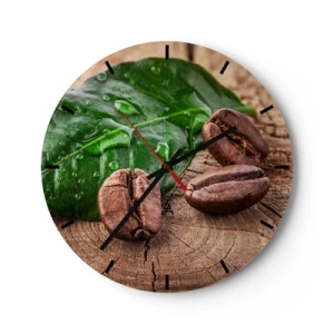 Wanduhr - Glasuhr - Kaffeebohnen und grünes Blatt auf einem hölzernen Hintergrund - 30x30cm - Der wahrste und schwarze - Moderne Wanddekoration für Wohnzimmer, Küche und Schlafzimmer ARTTOR