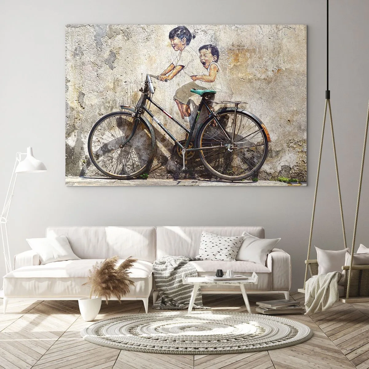 Glasbild - Bild auf glas - Ein Wandbild mit einem Fahrrad und Kinderfiguren vor einem Wandhintergrund. - 100x70cm - Richtig oder falsch? - Moderne Wanddekoration für Wohnzimmer und Schlafzimmer ARTTOR