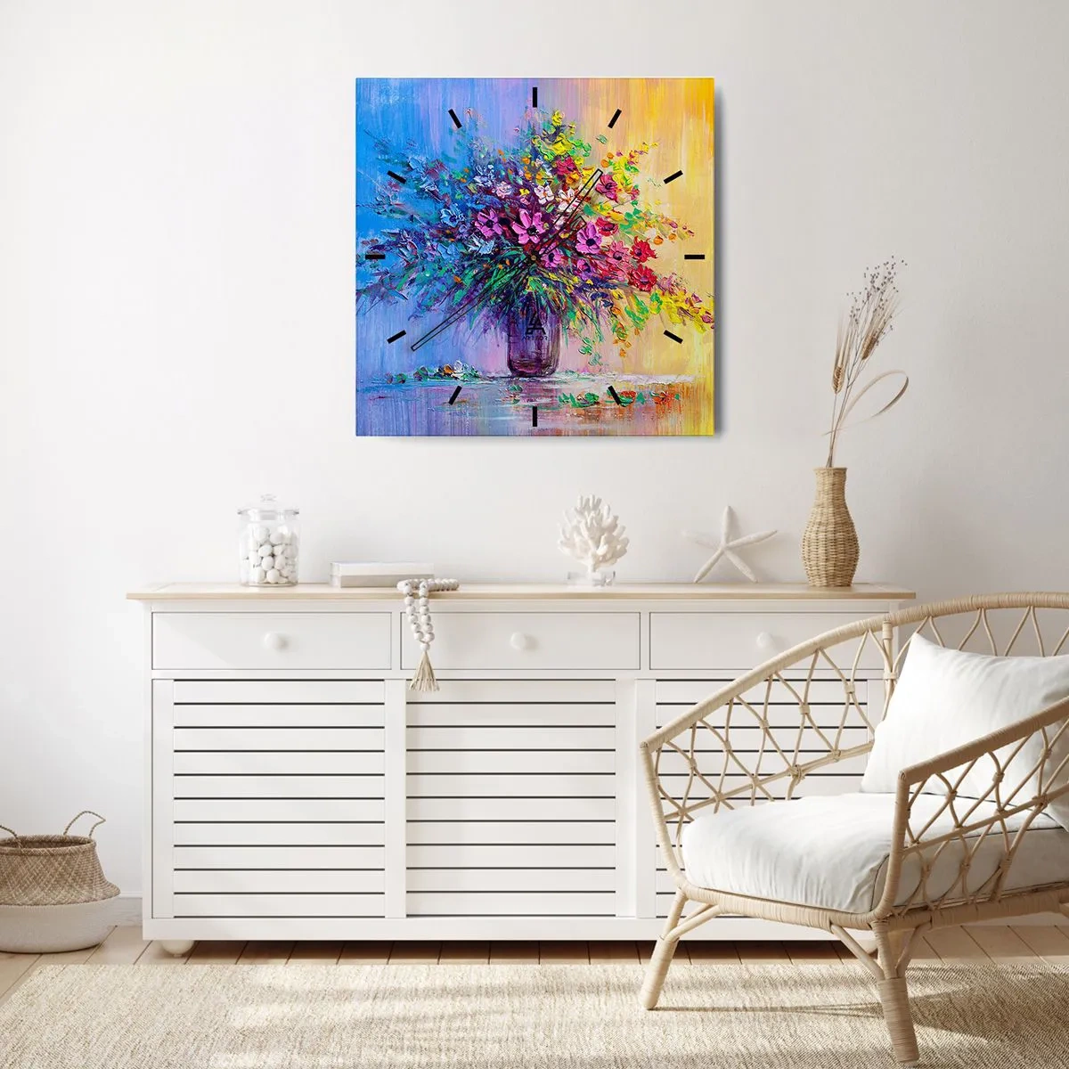 Wanduhr - Glasuhr - Ein bunter Blumenstrauß in einer Vase vor einem Hintergrund mit Farbverlauf - 30x30cm - Sommergeschenk der Wiese - Moderne Wanddekoration für Wohnzimmer und Schlafzimmer ARTTOR