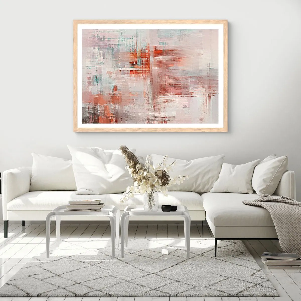 Poster in einem Rahmen aus heller Eiche - Dunstig. Aber rosa - 70x50 cm