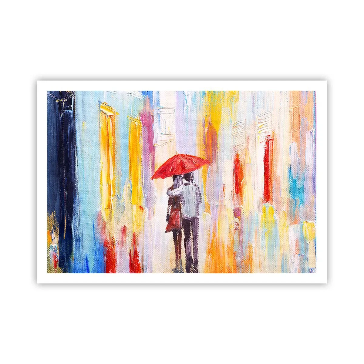 Poster - Ein Paar unter einem roten Regenschirm mit bunten Gebäuden im Hintergrund. - 100x70cm - Lass es weiter regnen - Moderne Wanddekoration für Wohnzimmer und Schlafzimmer ARTTOR
