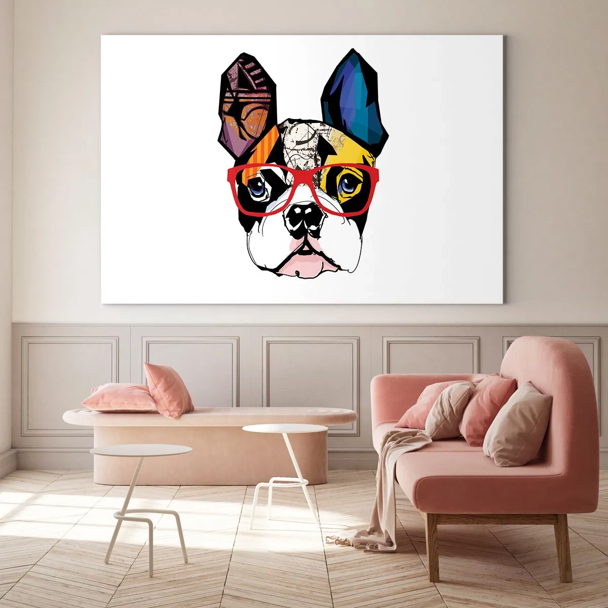 Glasbild - Bild auf glas - Bulldogge trägt bunte Brille auf weißem Hintergrund - 120x80cm - Intellektuelle - Moderne Wanddekoration für Wohnzimmer und Schlafzimmer ARTTOR