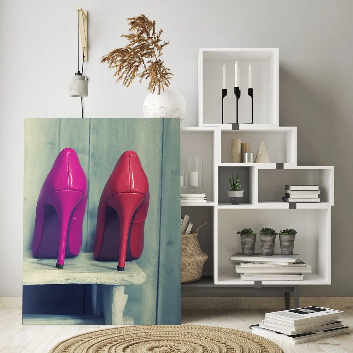Glasbild - Bild auf glas - Bunte High Heels vor einer Holzwand - 70x100cm - Spazierengehen auf dem Regenbogen - Moderne Wanddekoration für Wohnzimmer und Schlafzimmer ARTTOR