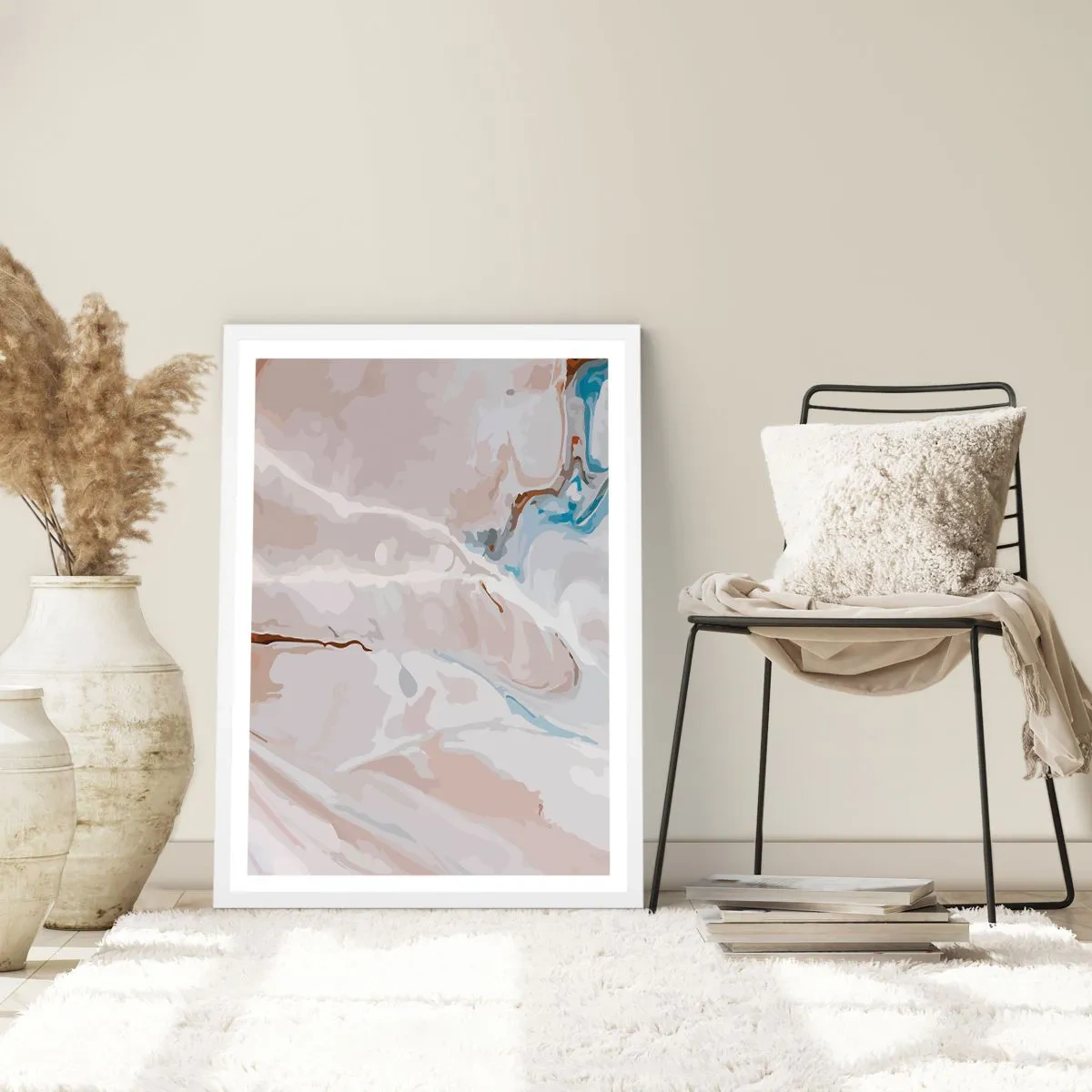 Poster in einem weißen Rahmen - Blau schlängelt sich unter dem Weiß - 70x100 cm