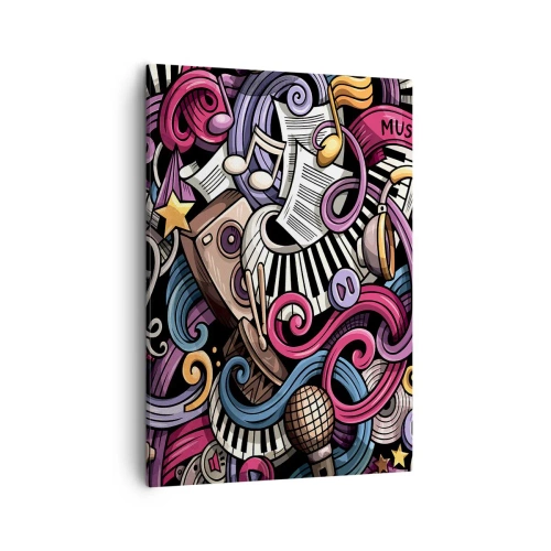 Bild auf Leinwand - Leinwandbild - Eine musikalische Abstraktion voller farbenfroher Instrumente und Noten. - 50x70cm - Komplizierte Melodie - Moderne Wanddekoration für Wohnzimmer und Schlafzimmer ARTTOR