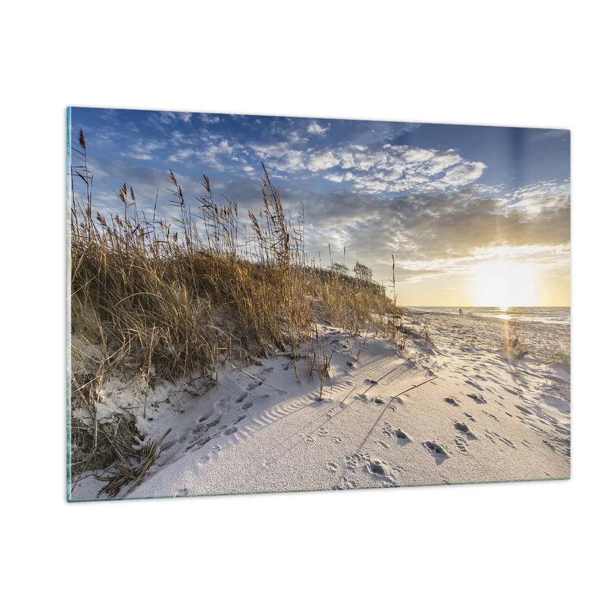 Glasbild - Bild auf glas - Sandstrand bei Sonnenuntergang mit Gräsern an der Düne - 120x80cm - Einladung zu einem Spaziergang - Moderne Wanddekoration für Wohnzimmer und Schlafzimmer ARTTOR