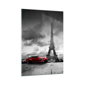 Glasbild - Bild auf glas - Ein rotes Retro-Auto mit dem Eiffelturm im Hintergrund in einer schwarz-weißen Umgebung. - 50x70cm - Vor nicht allzu langer Zeit in Paris - Moderne Wanddekoration für Wohnzimmer und Schlafzimmer ARTTOR