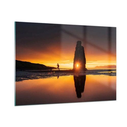 Glasbild - Bild auf glas - Sonnenuntergang mit einer menschlichen Silhouette und einer Felsformation - 100x70cm - Nur du und die Natur - Moderne Wanddekoration für Wohnzimmer und Schlafzimmer ARTTOR
