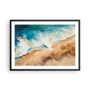 Poster in einem schwarzem Rahmen - Eine Meereswelle, die gegen den Sandstrand prallt - 70x50cm - Zurückkehrende Welle - Moderne Wanddekoration für Wohnzimmer und Schlafzimmer ARTTOR