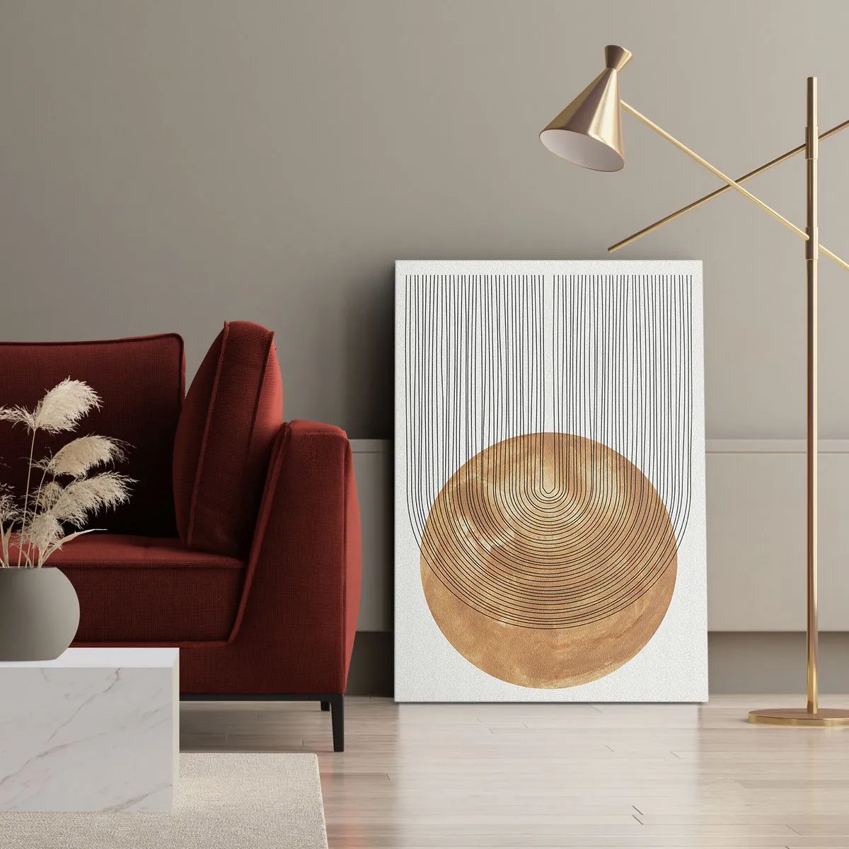Bild auf Leinwand - Leinwandbild - Geometrische Komposition mit Kreisen und Linien in warmen Farben. - 50x70cm - SonnenKomposition - Moderne Wanddekoration für Wohnzimmer und Schlafzimmer ARTTOR
