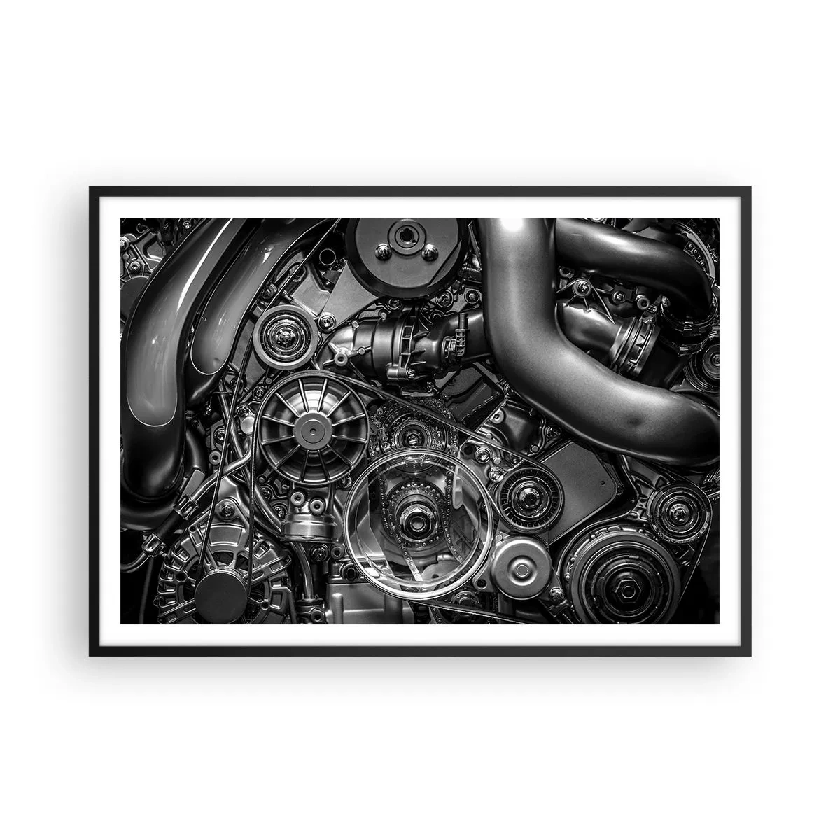 Poster in einem schwarzem Rahmen - Schwarz-Weiß-Nahaufnahme der mechanischen Details eines Automotors. - 100x70cm - Die Poesie der Mechanik - Moderne Wanddekoration für Wohnzimmer und Schlafzimmer ARTTOR