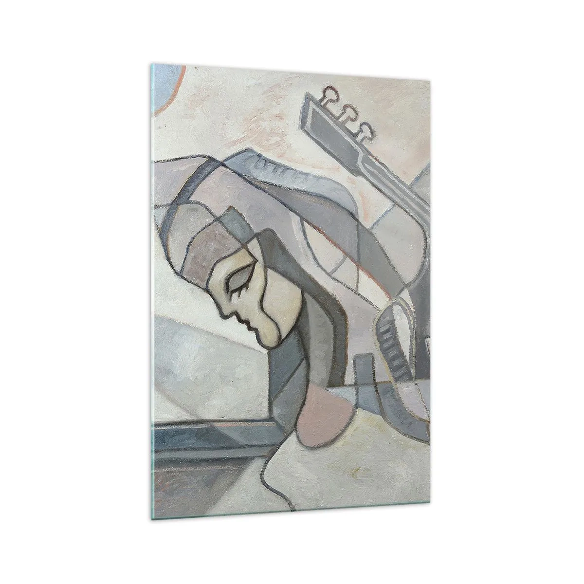 Glasbild - Bild auf glas - Eine abstrakte Figur mit einer Gitarre in Pastellfarben. - 70x100cm - In der Kraft der Musik - Moderne Wanddekoration für Wohnzimmer und Schlafzimmer ARTTOR