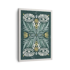 Bild auf Leinwand - Leinwandbild - Symmetrisches Pflanzenmuster auf grünem Hintergrund - 50x70cm - Wie ein Volksausschnitt - Moderne Wanddekoration für Wohnzimmer und Schlafzimmer ARTTOR