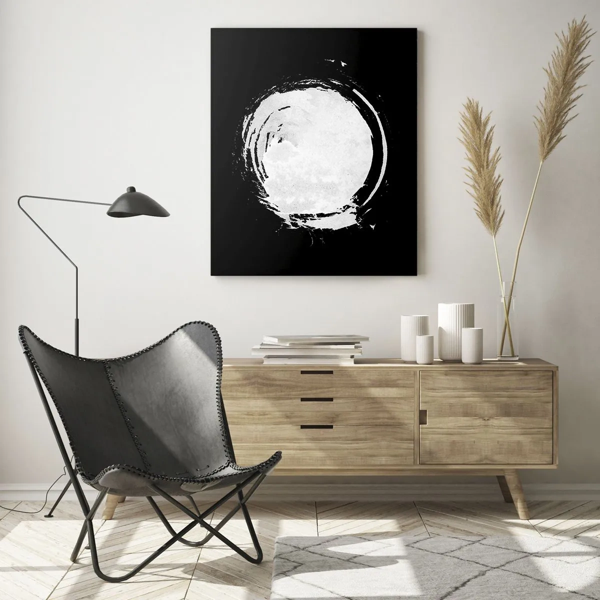 Glasbild - Bild auf glas - Ein weißer Kreis auf schwarzem Hintergrund im minimalistischen Stil. - 70x100cm - Gute Möglichkeit - Moderne Wanddekoration für Wohnzimmer und Schlafzimmer ARTTOR
