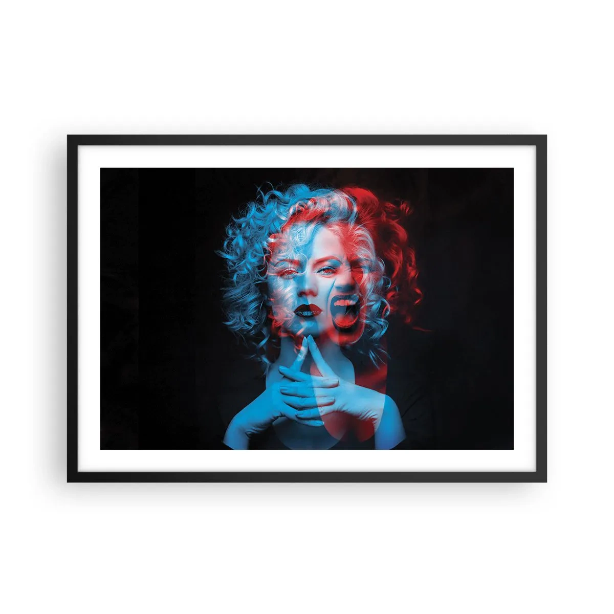 Poster in einem schwarzem Rahmen - Doppelporträt einer Frau in Rot und Blau - 70x50cm - Alter Ego - Moderne Wanddekoration für Wohnzimmer und Schlafzimmer ARTTOR