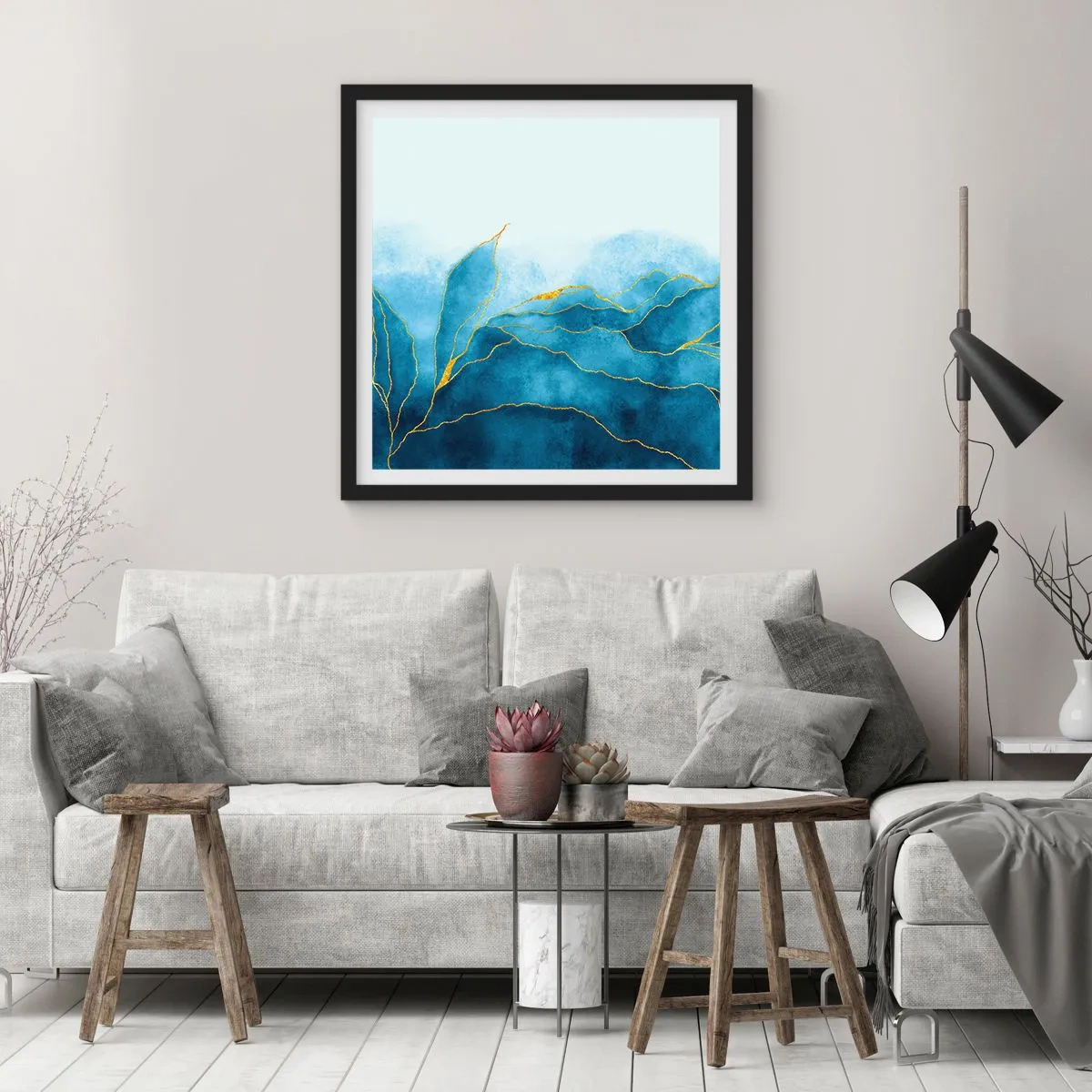 Poster in einem schwarzem Rahmen - Blau im Gold - 30x30 cm