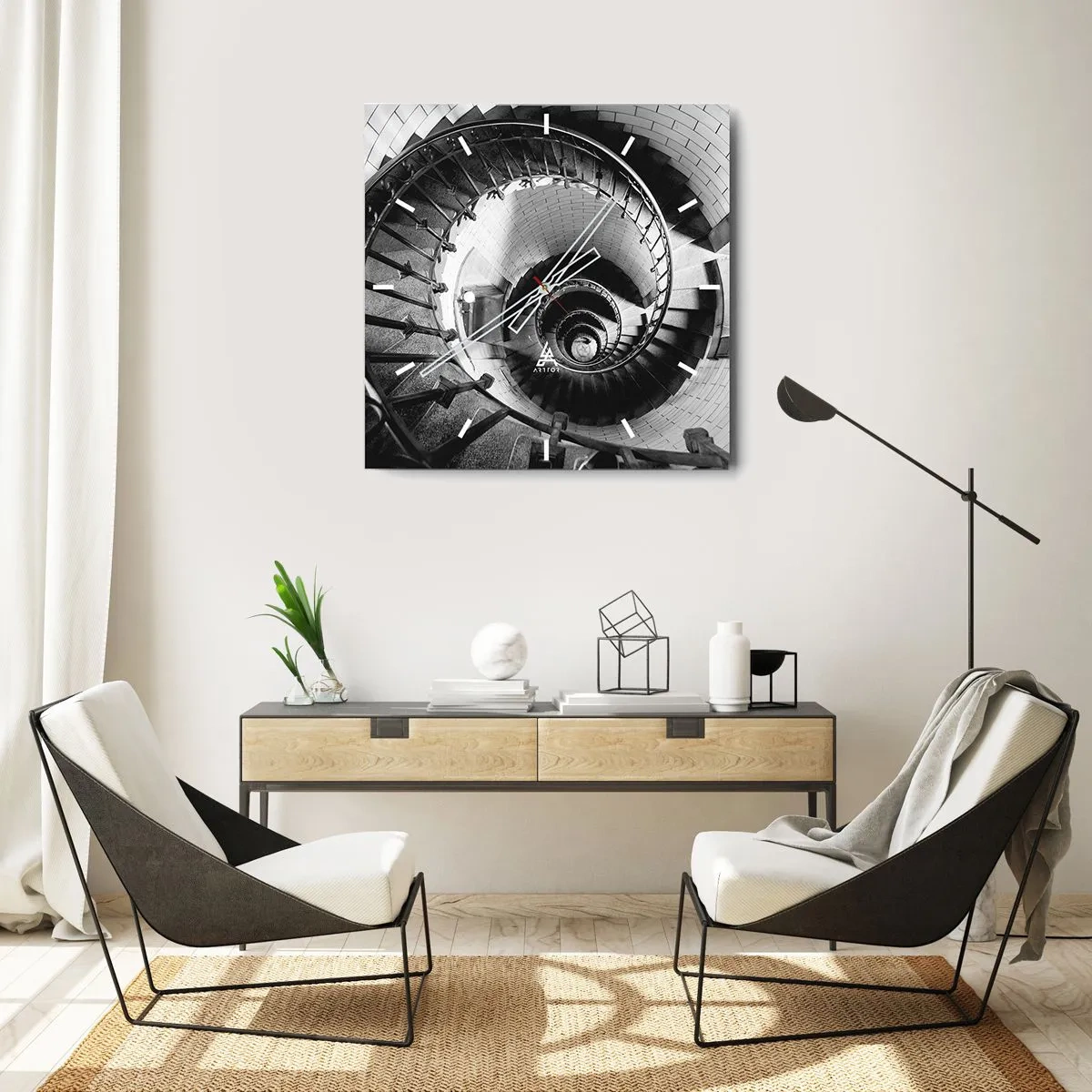 Wanduhr - Glasuhr - Schwarz-Weiß-Fotografie einer Wendeltreppe aus der Vogelperspektive - 30x30cm - Höher und höher - Moderne Wanddekoration für Wohnzimmer und Schlafzimmer ARTTOR