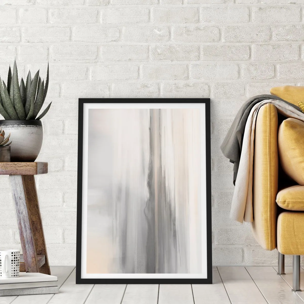 Poster in einem schwarzem Rahmen - Dezente vertikale Streifen in Grau- und Beigetönen - 50x70cm - Nachdenkliche Distanz - Moderne Wanddekoration für Wohnzimmer und Schlafzimmer ARTTOR