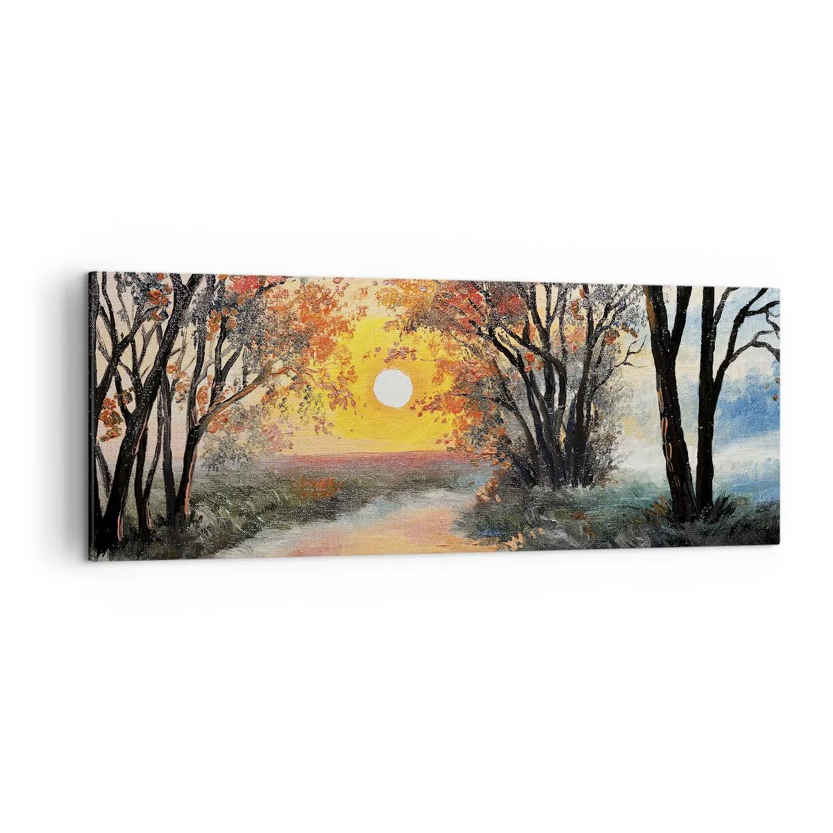 Bild auf Leinwand - Leinwandbild - Sonnenuntergang über dem Fluss in einer Herbstlandschaft - 140x50cm - Herbststimmung - Moderne Wanddekoration für Wohnzimmer und Schlafzimmer ARTTOR