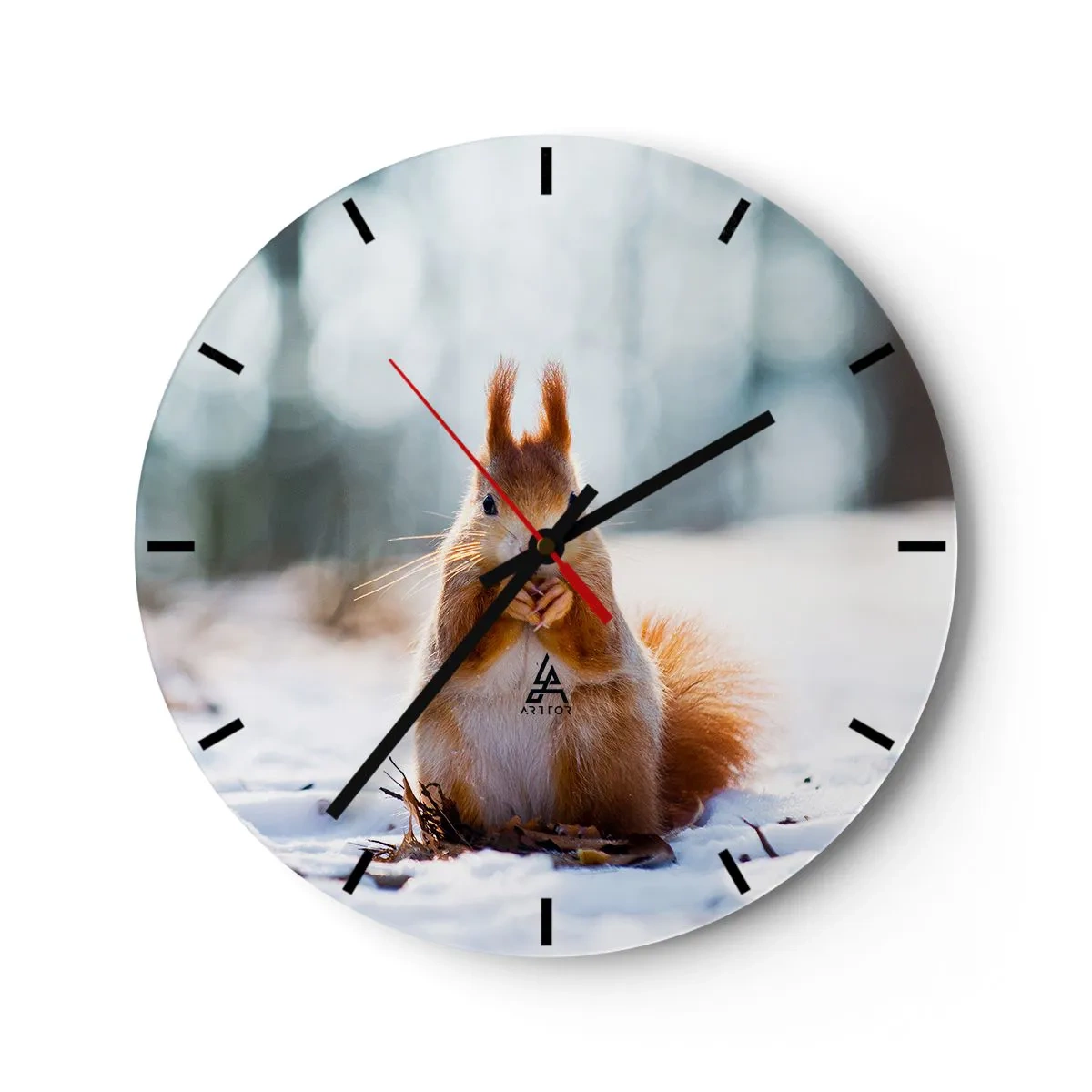 Wanduhr - Glasuhr - Ein Eichhörnchen im Schnee in einer Winterlandschaft - 30x30cm - Wo schaust du hin? - Moderne Wanddekoration für Wohnzimmer, Küche und Schlafzimmer ARTTOR
