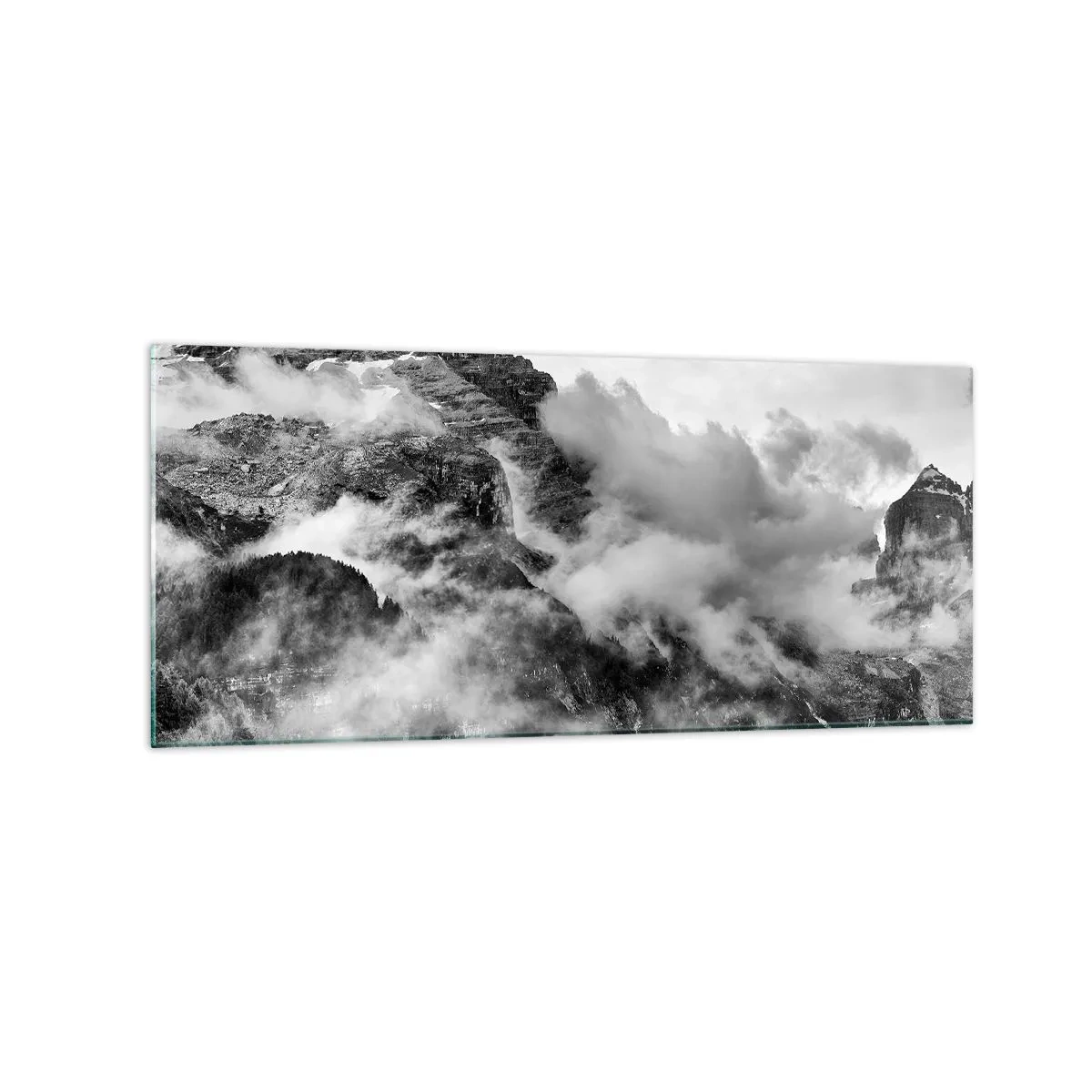 Glasbild - Bild auf glas - Schwarz-Weiß-Ansicht der von Wolken umgebenen Berge - 120x50cm - Schön und grausam - Moderne Wanddekoration für Wohnzimmer und Schlafzimmer ARTTOR