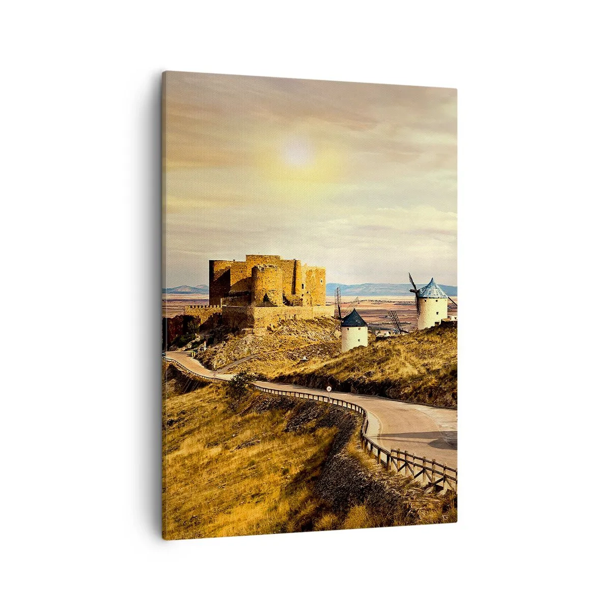 Bild auf Leinwand - Leinwandbild - Windmühlen auf den Hügeln mit einer historischen Burg im Hintergrund - 50x70cm - Don Quijote kommt gleich - Moderne Wanddekoration für Wohnzimmer und Schlafzimmer ARTTOR
