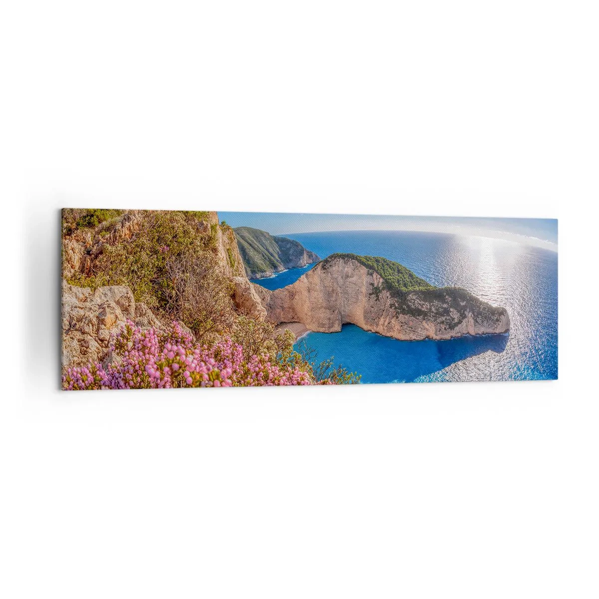 Bild auf Leinwand - Leinwandbild - Eine Klippe mit Blumen, ein türkisfarbenes Meer und eine sonnige griechische Landschaft - 160x50cm - Mein toller Griechenlandurlaub - Moderne Wanddekoration für Wohnzimmer und Schlafzimmer ARTTOR