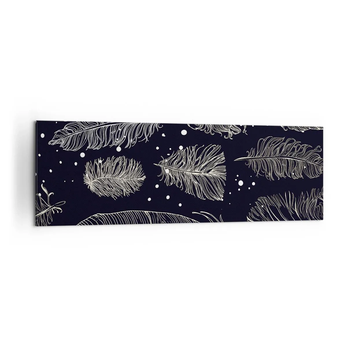 Bild auf Leinwand - Leinwandbild - Zarte weiße Federn auf marineblauem Hintergrund - 160x50cm - Gefiederte Spitze - Moderne Wanddekoration für Wohnzimmer und Schlafzimmer ARTTOR
