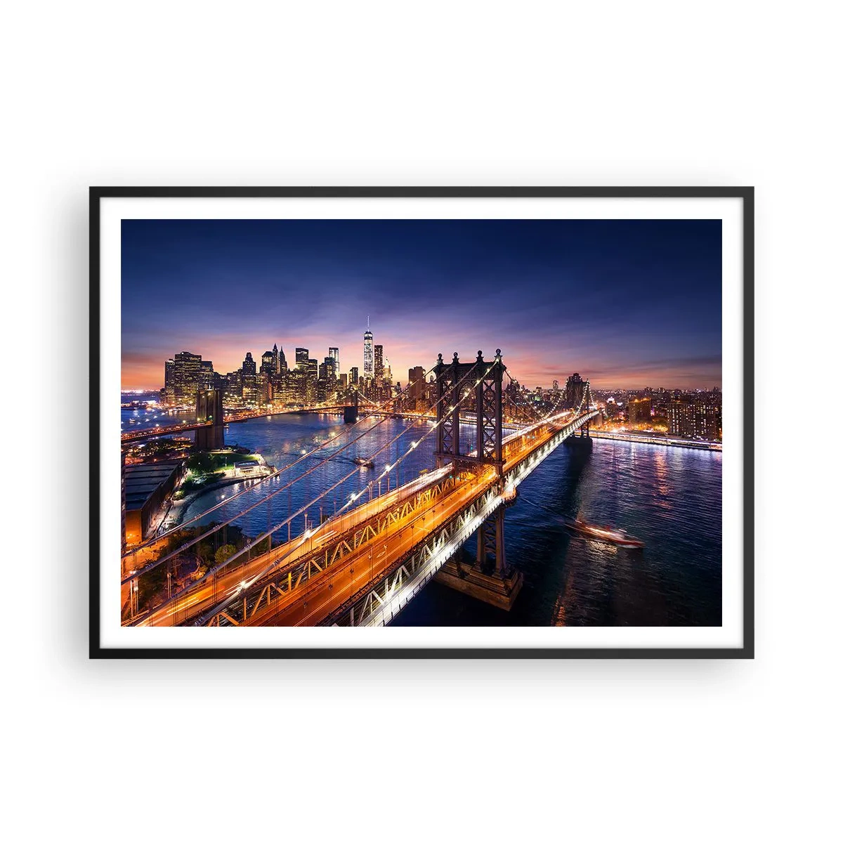 Poster in einem schwarzem Rahmen - Die Brücke und das Stadtpanorama bei Sonnenuntergang - 100x70cm - Eine leuchtende Brücke zum Herzen der Stadt - Moderne Wanddekoration für Wohnzimmer und Schlafzimmer ARTTOR