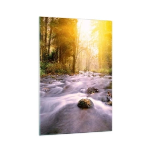 Glasbild - Bild auf glas - Ein Waldbach, beleuchtet von den Sonnenstrahlen - 70x100cm - Malachit im Silber- und Goldrahmen - Moderne Wanddekoration für Wohnzimmer und Schlafzimmer ARTTOR