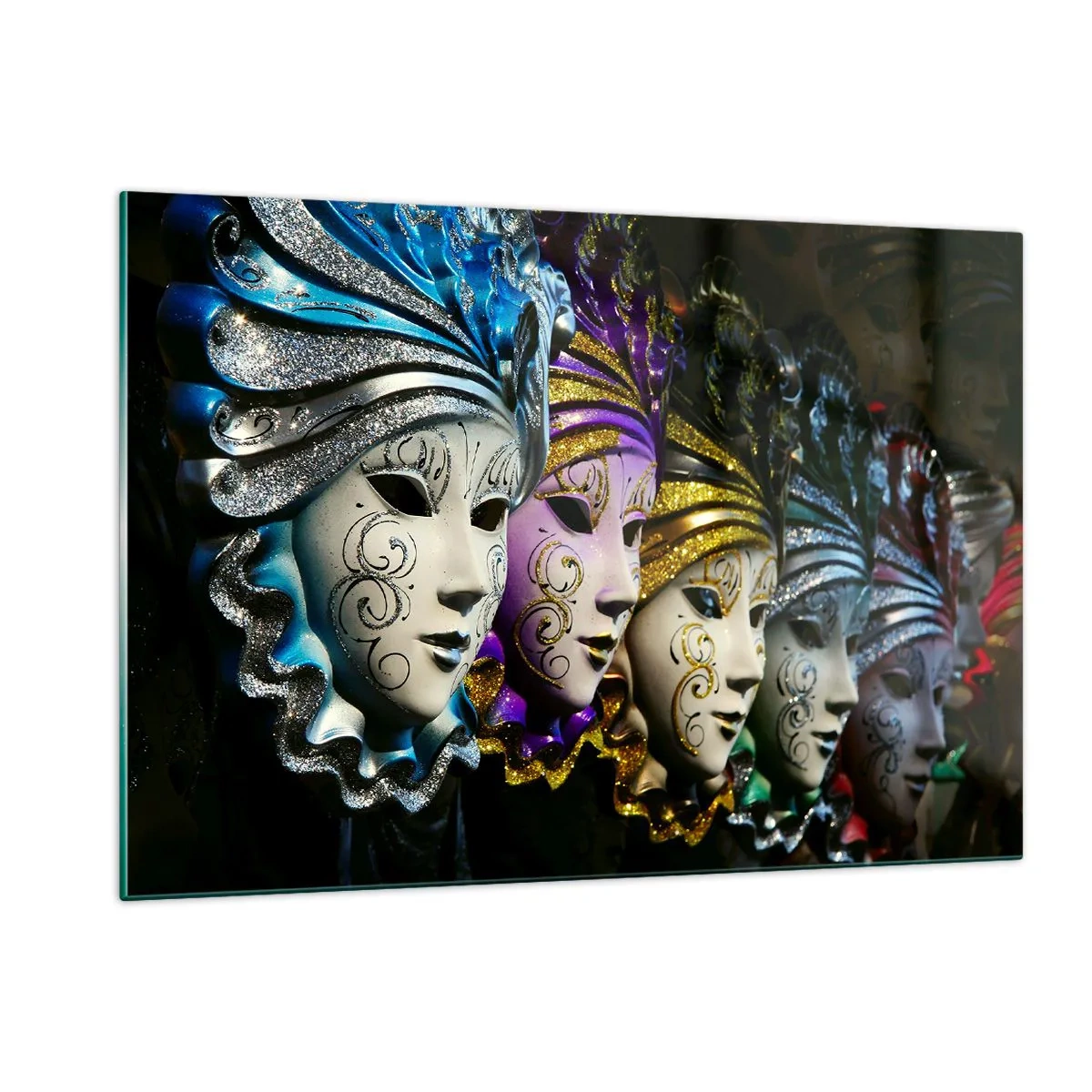 Glasbild - Bild auf glas - Bunte venezianische Masken in einer Reihe - 120x80cm - Geheimnis in Gold und Silber - Moderne Wanddekoration für Wohnzimmer und Schlafzimmer ARTTOR