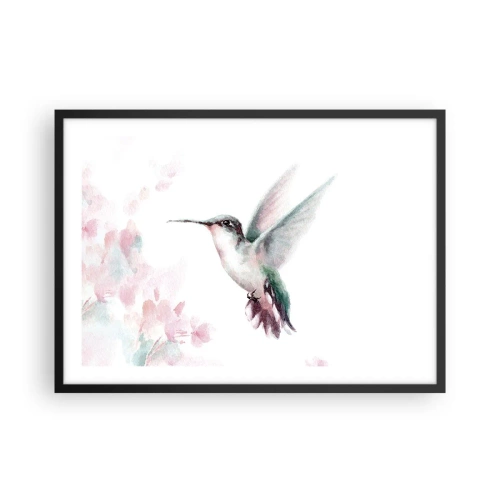 Poster in einem schwarzem Rahmen - Ein Kolibri in zarten Pastellfarben vor einem Hintergrund aus Blumen - 70x50cm - Im Flattern gehalten - Moderne Wanddekoration für Wohnzimmer und Schlafzimmer ARTTOR