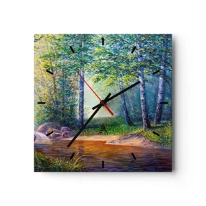 Wanduhr - Glasuhr - Ein Waldbach, umgeben von Birken und Sonnenschein - 30x30cm - Idyllische Landschaft - Moderne Wanddekoration für Wohnzimmer und Schlafzimmer ARTTOR
