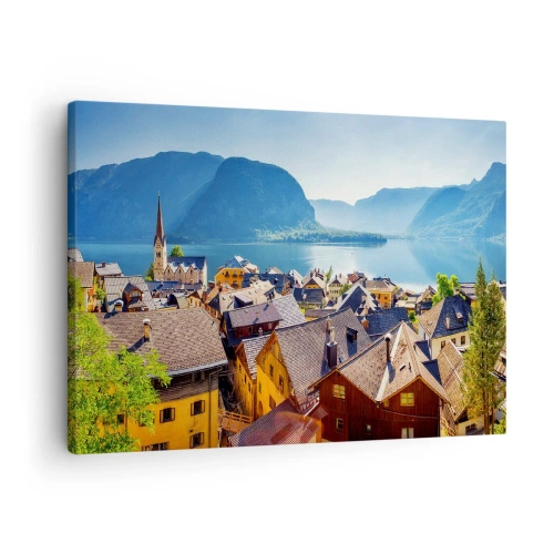 Bild auf Leinwand - Leinwandbild - Ein malerisches Dorf an einem See, umgeben von Bergen an einem sonnigen Tag - 70x50cm - Es könnte nicht malerischer sein - Moderne Wanddekoration für Wohnzimmer und Schlafzimmer ARTTOR