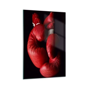 Glasbild - Bild auf glas - Rote Boxhandschuhe auf schwarzem Hintergrund - 70x100cm - Die Emotionen des Kampfes liegen hinter uns - Moderne Wanddekoration für Wohnzimmer und Schlafzimmer ARTTOR