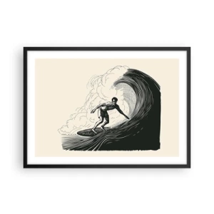 Poster in einem schwarzem Rahmen - Schwarz-Weiß-Grafik eines Surfers, der auf einer Welle reitet - 70x50cm - König der Welle - Moderne Wanddekoration für Wohnzimmer und Schlafzimmer ARTTOR