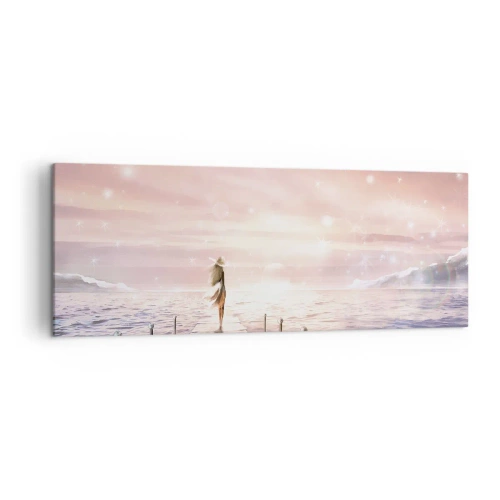 Bild auf Leinwand - Leinwandbild - Eine Frau auf einem Steg in einer magischen Sonnenuntergangskulisse - 140x50cm - Im Licht eines Traums - Moderne Wanddekoration für Wohnzimmer und Schlafzimmer ARTTOR