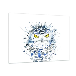 Glasbild - Bild auf glas - Künstlerisches Porträt einer Eule mit gelben Augen und abstrakten Details. - 100x70cm - Direkt in die Augen - Moderne Wanddekoration für Wohnzimmer und Schlafzimmer ARTTOR