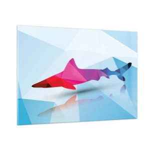 Glasbild - Bild auf glas - Geometrischer Hai in Rot- und Blautönen - 100x70cm - Ein Hai in einem Kristallraum - Moderne Wanddekoration für Wohnzimmer und Schlafzimmer ARTTOR