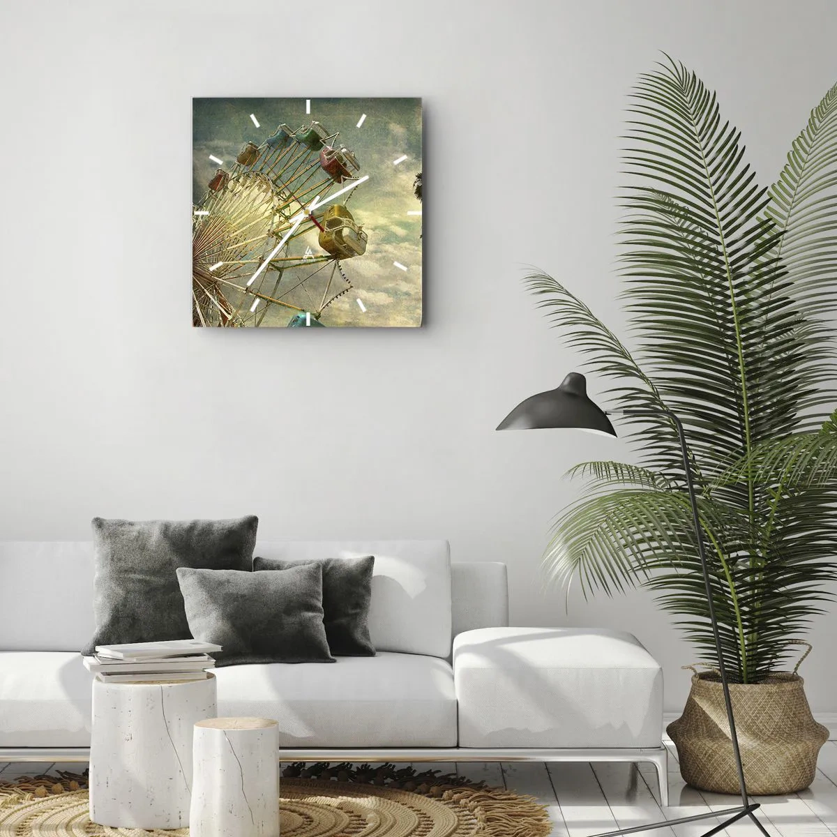 Wanduhr - Glasuhr - Retro-Foto von einem Riesenrad mit Palmen gegen den Himmel - 30x30cm - Es wird Spaß geben ... - Moderne Wanddekoration für Wohnzimmer und Schlafzimmer ARTTOR