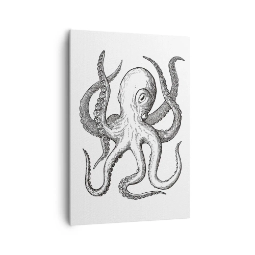Bild auf Leinwand - Leinwandbild - Schwarz-weiße Zeichnung eines Oktopus auf weißem Hintergrund im Vintage-Stil - 70x100cm - Mit den Wellen tanzen - Moderne Wanddekoration für Wohnzimmer und Schlafzimmer ARTTOR