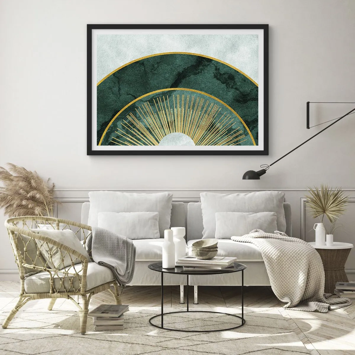 Poster in einem schwarzem Rahmen - Abstraktes Muster mit Kreisen in Smaragd- und Goldfarben. - 70x50cm - Anderes Sonnensystem - Moderne Wanddekoration für Wohnzimmer und Schlafzimmer ARTTOR