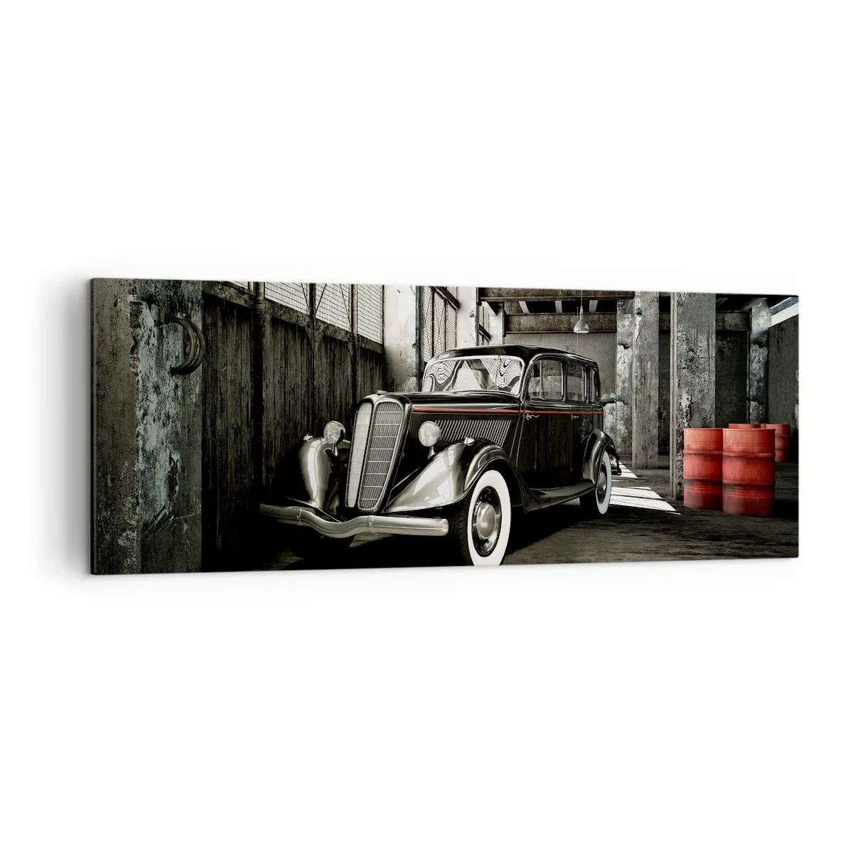Bild auf Leinwand - Leinwandbild - Stilvolles Retro-Auto in einem Rohlager - 140x50cm - Die ewige Eleganz der 1930er Jahre - Moderne Wanddekoration für Wohnzimmer und Schlafzimmer ARTTOR