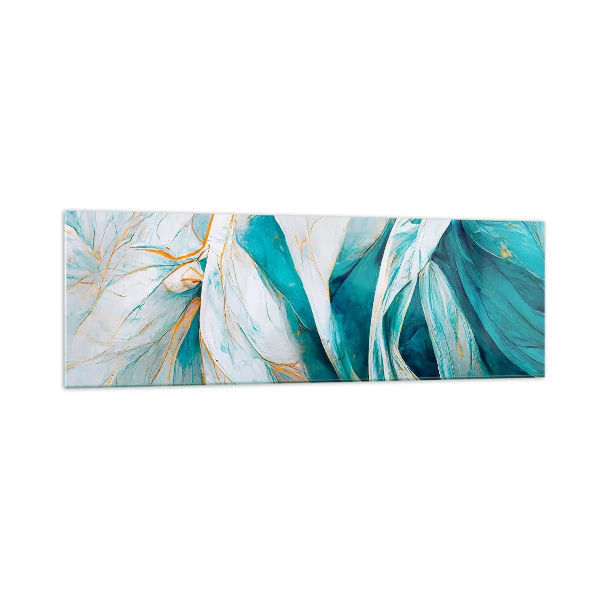 Glasbild - Bild auf glas - Abstrakte blaue Blätter mit goldenen Details - 160x50cm - Blaue Abstraktion mit goldenem Motiv - Moderne Wanddekoration für Wohnzimmer und Schlafzimmer ARTTOR