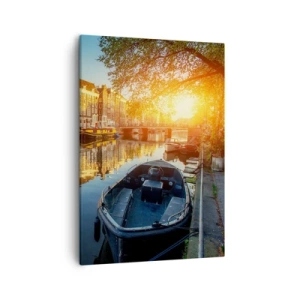 Bild auf Leinwand - Leinwandbild - Amsterdamer Kanal bei Sonnenuntergang - 50x70cm - Morgen in Amsterdam - Moderne Wanddekoration für Wohnzimmer und Schlafzimmer ARTTOR